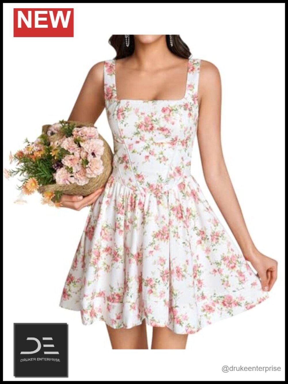 Floral corset mini dress square neck flowy A-line spaghetti straps